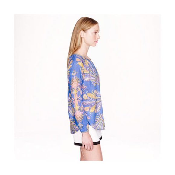 J.Crew Cotton Silk Feather Paisley Printed Blouse popover XS 0 2 - Picture 4 of 16